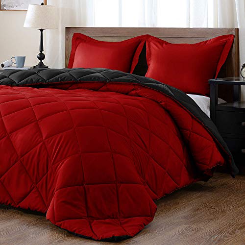 Book Cover downluxe Lightweight Solid Comforter Set (Twin) with 1 Pillow Sham - 2-Piece Set - Red and Black - Down Alternative Reversible Comforter
