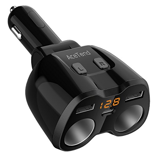 Car Charger, AceTend 2-Socket Cigarette Lighter Adapter Socket Splitter 12/24V 80W with LED Battery Voltage Display/Dual USB Car Charger 4.8 A/Type-C Port Charging for GPS/iPhone/Android and More