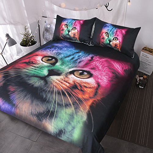 Book Cover Blessliving Cat Bedding for Girls Boys Cute Colorful Cat Pattern Bedspread 3D Printing Bedding Cat Theme 3 Piece Bold Color Black Animal Duvet Cover Set (Twin)