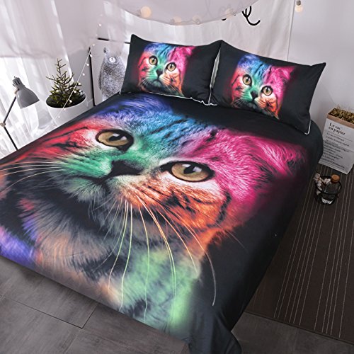 Blessliving Cat Bedding for Girls Boys Cute Colorful Cat Pattern Bedspread 3D Printing Bedding Cat Theme 3 Piece Bold Color Black Animal Duvet Cover Set (Twin)