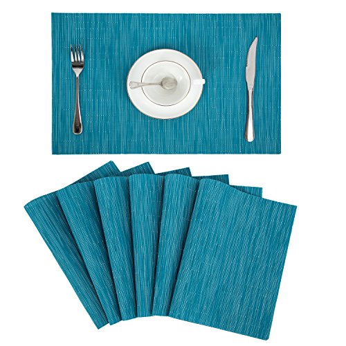 Pauwer Placemats Set of 6 Crossweave Woven Vinyl Placemats for Kitchen Table Heat Resistant Non-Slip Kitchen Table Mats Easy to Clean (6pcs Placemats, Blue)