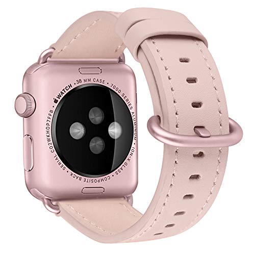 BRG Compatible with Apple Watch Band 38mm, Genuine Leather Watch Replacement Strap with Stainless Steel Buckle for Series 3 Series 2 Series 1 Sport and Edition, (Soft Pink Band+Rose Gold Buckle)