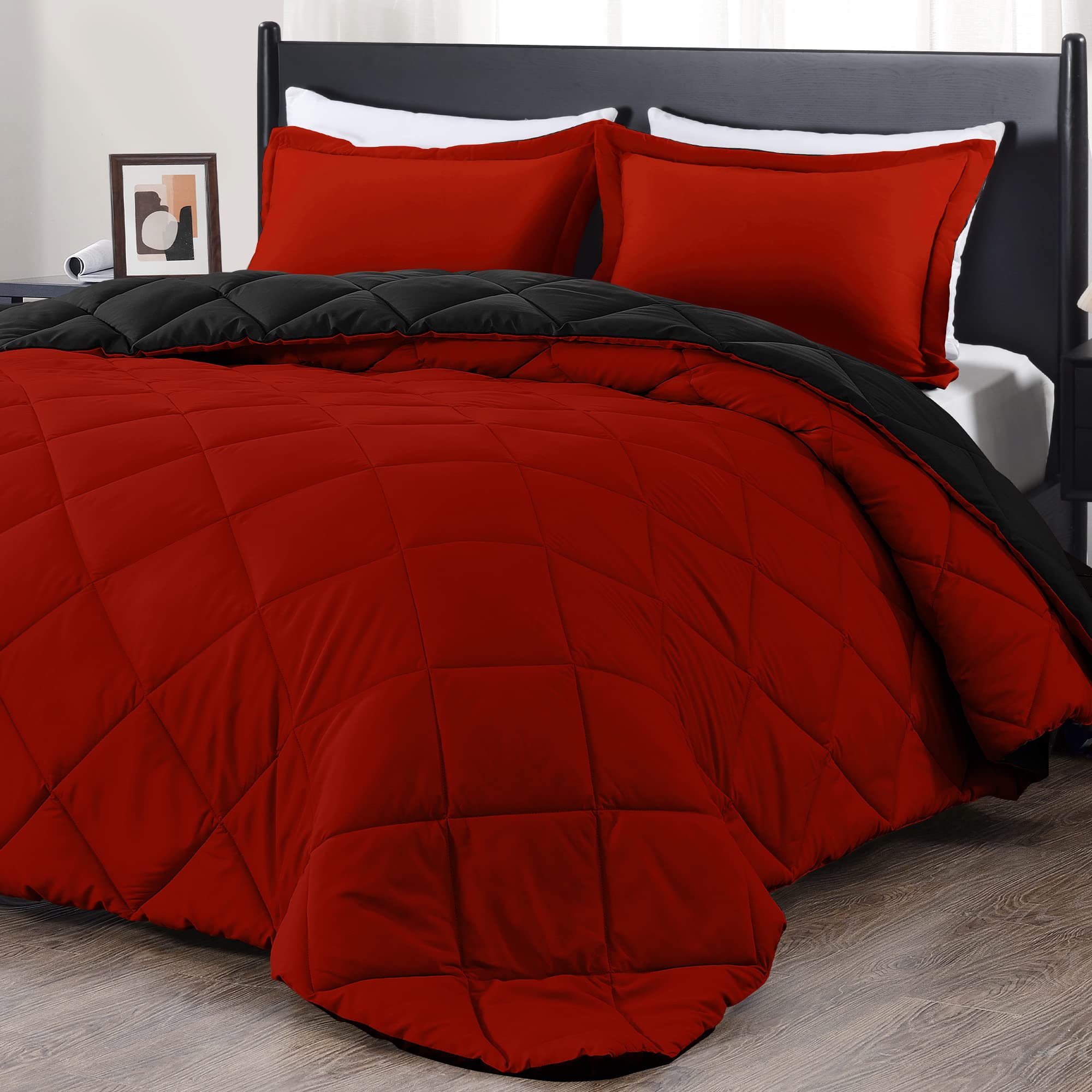 downluxe Queen Comforter Set - Red and Black Queen Comforter, Soft Bedding Comforter Sets for All Seasons, Queen Bed Comforter Set - 3 Pieces - 1 Comforter (88"x92") and 2 Pillow Shams(20"x26") Black/Red Queen