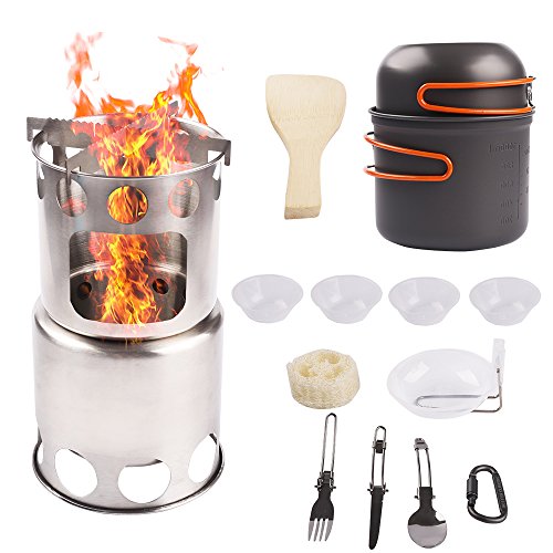 Camp Stove Cookware Combo Stainless Steel Wood Burning Ultralight Portable Backpacking Cook Set for BBQ Hiking Picnic Outdoors