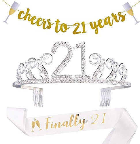 21st Birthday Decorations Party Supplies - 21st Birthday Gifts for her,21 Birthday sash | Banner | Crown | Cake Topper. (21)