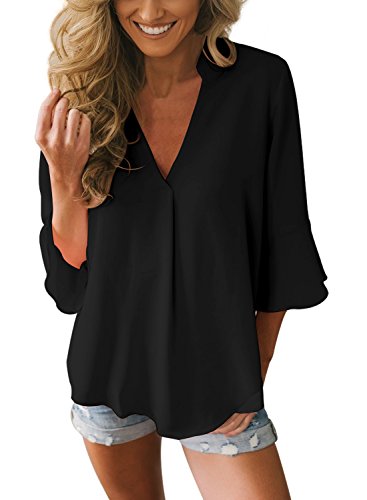 Book Cover Dokotoo Womens 3 4 Bell Sleeve V Neck Chiffon Tops Casual Solid Blouse Loose Shirts S-XXL