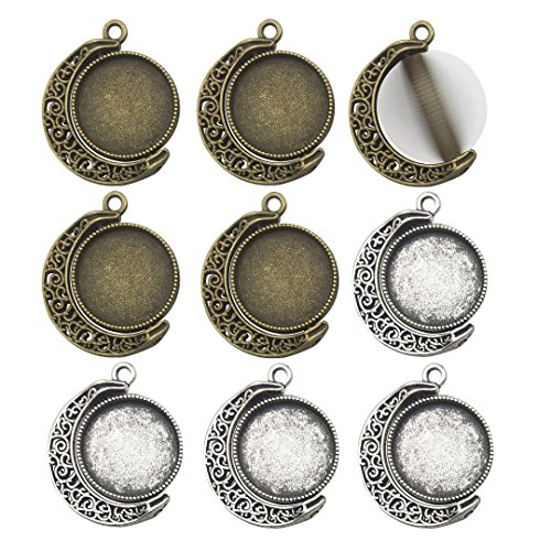 Yukucharms 10 pcs Kit Fit 25mm Moon Rotation Double Side Round Blank Bezel Pendant Trays Base Cabochon Jewelry Findings for DIY Necklace Pendant Jewellery Making M235 (18mm Mix)