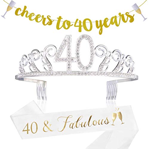 OuYteu 40th Birthday Decorations Party Supplies - 40th Birthday Gifts for Women,40 Birthday sash | Banner | Crown | Cake Topper. (40)