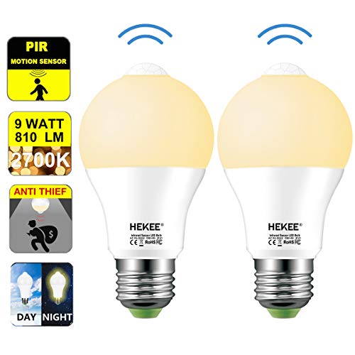Motion Sensor LED Light Bulb 9W A19 PIR Built-in IR 60W Equivalent Bright 810 Lumens E26 Base Warm White Bulbs(2 Packs)