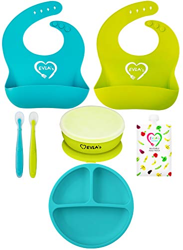 Baby Feeding Set | Silicone Bib Plates Bowls Spoons | Divided Plate Suction Bowl & Soft Spoon Aids Self Feeding | Adjustable Bib Easily Wipe Clean | Spend Less Time Cleaning Up After Toddler/Babies