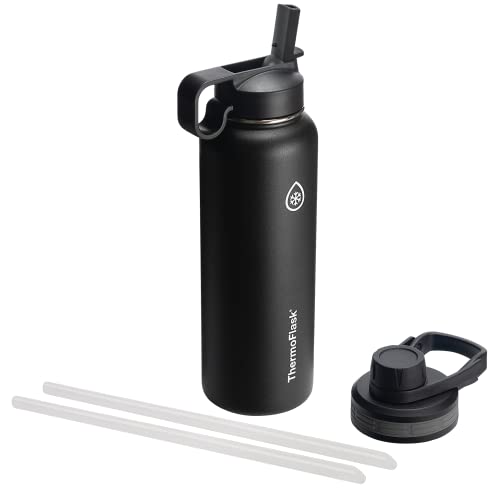 Thermoflask Double Stainless Steel Insulated Water Bottle with Two Lids, 40 Ounce, Black