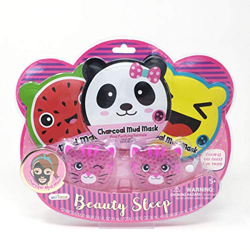 Hot Focus Beauty Sleep, Critter. 2 Charcoal Face Masks, 1 Pink Mud Face Mask, 1 Cooling Gel Bead Eye Mask. Spa Makeup Kit. Gentle Formulation & Special Design for Kids/Girls. Perfect for Spa Day.