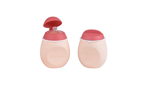 BEABA BabySqueez 2 Pack – Soft Reusable, Portable and Reusable Silicone Food Pouch - Great for Purees, Smoothies, and Snacks - Includes 2 Different Spouts for 2 Stages – Holds 6 oz (Rose)