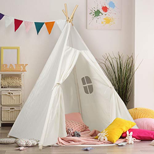 Book Cover Teepee Tent for Kids Teepee Tent for Girls Toddler Teepee Tipi Tent Kids Baby Tee Pee Non Toxic White Cotton Canvas with Antislip Mat and Vibrant Flags for Childrens Indoor Outdoor Play Gift for Kids
