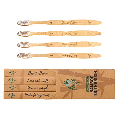 Faya Wooden Toothbrushes Bamboo - 0.15mm Soft Bristle with Quotes, Ergonomic Compostable Toothbrush - Numbered, Eco Friendly, Wood Toothbrush, BPA-Free - Natural Toothbrushes Pack for Adults and Kids