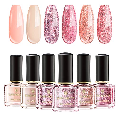 BORN PRETTY Nail Polish 6 Colors Set - Nude Color Rose Gold Glitter Pink Sequins nail polish Collection