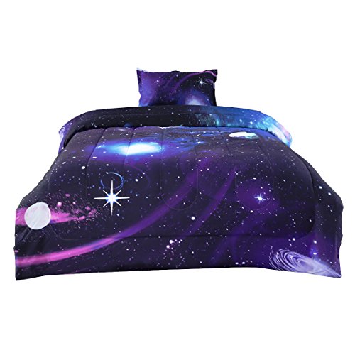 Book Cover uxcell Twin Size Galaxies Purple Comforter Sets - 3D Outer Space Themed Bedding - All Season Down Alternative Quilted Duvet - Reversible Design- Includes 1 Comforter and 1 Pillowcase