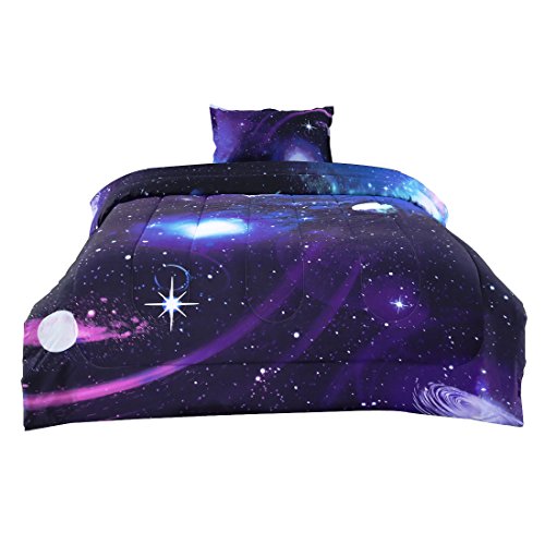 uxcell Twin Size Galaxies Purple Comforter Sets - 3D Outer Space Themed Bedding - All Season Down Alternative Quilted Duvet - Reversible Design- Includes 1 Comforter and 1 Pillowcase