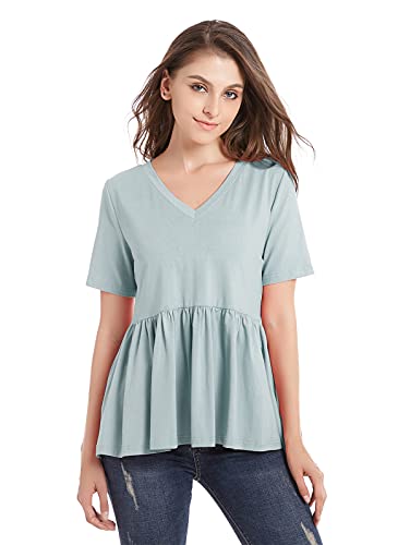ZURIFFE Women's Summer V Neck Short Sleeve Cotton Loose T Shirts Ruffle Babydoll Peplum Swing Top Tees