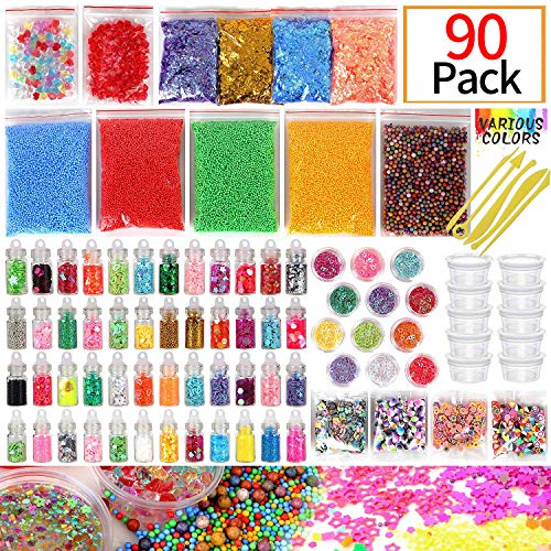 Book Cover Slime Supplies Kit, 90 Pack Slime Beads Charms, Include Fishbowl Beads, Foam Balls, Glitter Jars, Drop Water Plum Blossom Love Smiley face Slices, Simulation Ice, Colorful Foam Beads, Slime Tools