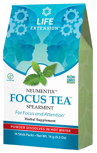 Life Extension Focus Tea Spearmint Mix - Sugar Free Attention Boost Herbal Tea Powder Supplement - Support Memory and Concentration – Gluten-Free, Non-GMO – 14 Stick Packs