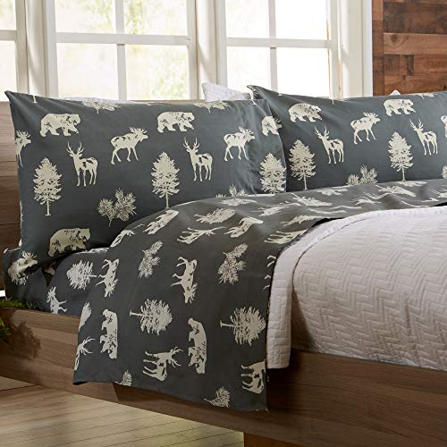 4-Piece Lodge Printed Ultra-Soft Microfiber Sheet Set. Beautiful Patterns Drawn from Nature, Comfortable, All-Season Bed Sheets. (King, Forest Animal - Dark Grey)
