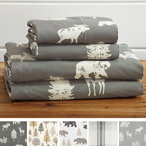 3-Piece Lodge Printed Ultra-Soft Microfiber Sheet Set. Beautiful Patterns Drawn from Nature, Comfortable, All-Season Bed Sheets. (Twin, Forest Animal - Dark Grey)