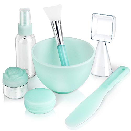 Book Cover Silicon Mask Mixing bowl, Teenitor Facemask Mixing Tool Sets with Silicone Mask Bowl Silicone Mask Brush Mask Mixing Stick Spatula Measuring Cup Spray Bottle Cream Box Soaking Bottle Pack of 7 Green
