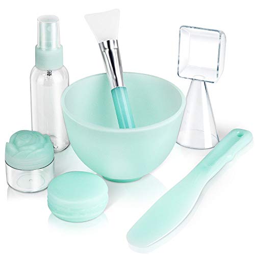 Silicon Mask Mixing bowl, Teenitor Facemask Mixing Tool Sets with Silicone Mask Bowl Silicone Mask Brush Mask Mixing Stick Spatula Measuring Cup Spray Bottle Cream Box Soaking Bottle Pack of 7 Green
