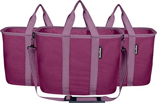 CleverMade EcoBasket Reusable Grocery Tote Bags with Shoulder Strap - Collapsible 20L Shopping Baskets, Plum/Lavender, 3 Pack