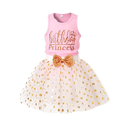 HAPPYMA Toddler Kids Baby Girls Birthday Outfits Princess Vest Sleeveless Tank Top + Dot Bubble Mesh Skirt 2Pcs Summer Set (Pink, 3-4 Years)