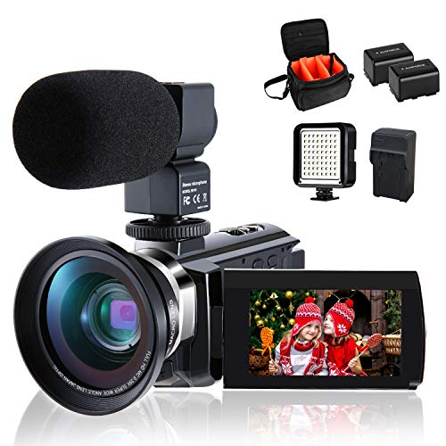 Camcorder 4K Video Camera for YouTube CofunKool 48MP Ultra HD WiFi Night Vision Vlogging Digital Camera with External Microphone Wide Angle Lens LED Video Light and Shoulder Bag