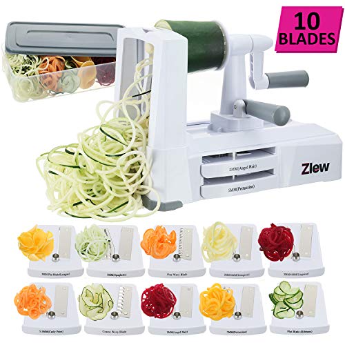ZLEW 10 Spiralizer Vegetable Slicer Strongest Heaviest Duty Veggie Pasta Spaghetti Maker for Healthy Low Carb/Paleo/Gluten-Free Meals with Blade Caddy, Container, Lid & Exclusive Recipe Book, White