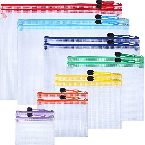 14 Pieces Waterproof Zipper Bags Mesh Bags Zipper Document Pouches for Travel Cosmetic Offices, 7 Sizes (7 Colors)