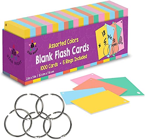 Star Right Blank Flash Cards with Rings in Assorted Colors; 1000 Index Cards - Single Hole Punched with 5 Rings, 2x3 inch for School, Learning, Memory, Recipe Cards and More