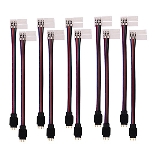 5050 RGB 4 Pin LED Strip Connector, Fntek 10pcs 10mm Strip to Power Adaptor Snap Down 4 Pin Connector for 5050 RGB Flexible LED Strip Lights
