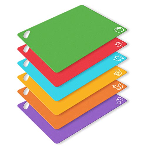 6-Pack Extra Thick Flexible Plastic Cutting Board Mats 15''Ã—12'', Colored Kitchen Cutting Mats Set for Kitchen and Bar, with Food Icons, Easy-Grip Handles, Dotted Texture