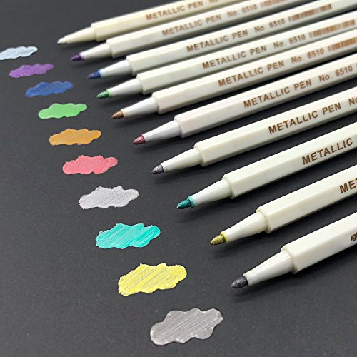 Gotideal Metallic Marker Pens, Set of 10 Assorted Colors for Scrapbook Photo Album, Adult Coloring Books, Card Making - Water Based Round Tip Marker