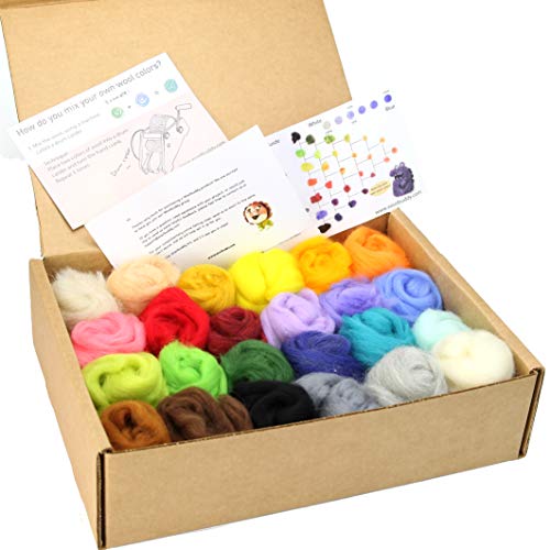 Woolbuddy Felting Wool, 24 Colors Wool Felt, Roving Wool, Beautiful Vibrant Soft Needle Felting Wool, Wool Roving for Needle Felting, Wet Felting, Felt Animal, Wool Batting and Needle Felting Supplies