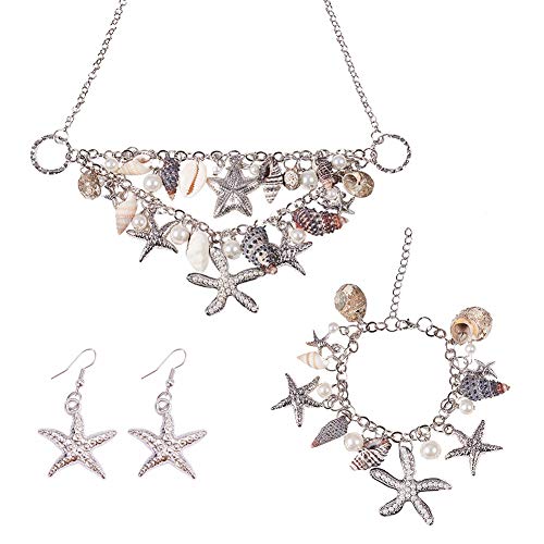 PH PandaHall 3 IN 1 Fashion Sea Shell Starfish Faux Pearl Collar Bib Statement Chunky Mermaid Tail Necklace Bracelet and Earrings Mermaid Costume Jewelry for Women Set in Gift Box (Platinum)