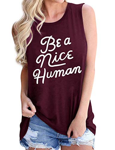 Nlife Women Summer Be A Nice Human Letter Print Tank Top Solid Color Round Neck Sleeveless Tank Top