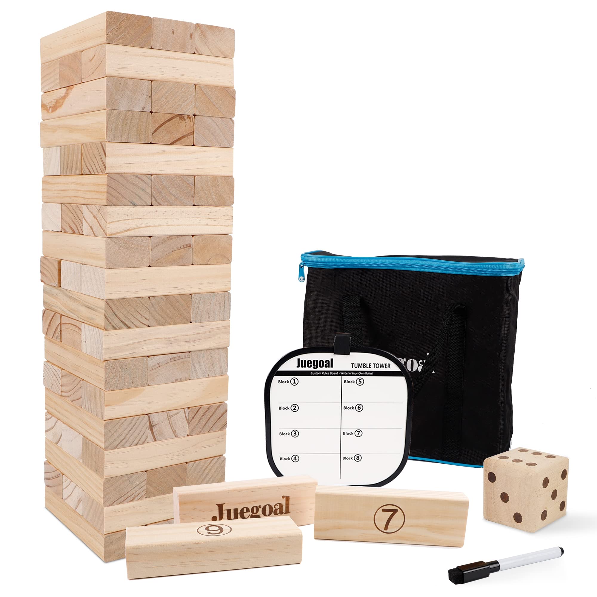 Book Cover Juegoal 54 Pieces Giant Tumble Tower Blocks Game Giant Wood Stacking Game with 1 Dice Set Canvas Bag for Adult, Kids, Family Large Wood Color