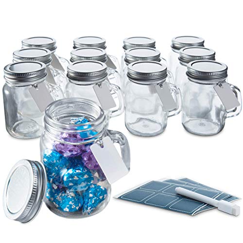Otis Classic Glass Mason Jars - Mini Mason Jar Glasses with Lids & Handles for Holiday Crafts, Favors & Home Decor, 3.4 Ounce Pack of 12 Mini Mason Jars with 18 Chalkboard Stickers, 20 Labels & Pen