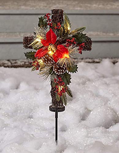 The Lakeside Collection Solar Lighted Christmas Cross Stake with Faux Pine Cones and Foliage