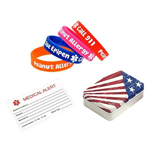 BAIYI Peanut Allergy Alert ID Bracelets Call 911 Use Epipen Emergency Medical Wristbands for Boys and Girls, 4Pcs