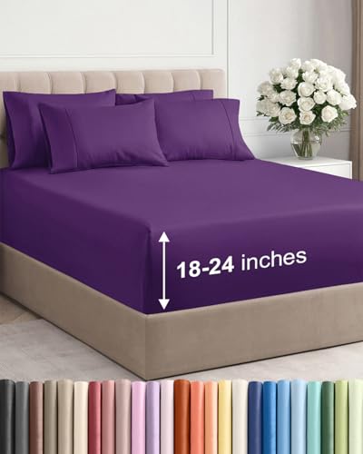 Extra Deep Pocket Sheets - 6 Piece Sheet Set - Queen Sheets Deep Pocket- Extra Deep Pocket Queen Sheets - Deep Fitted Sheet Set - Extra Deep Pocket Queen Size Sheets - Easily Fits Extra Deep Mattress Queen 08 - Purple