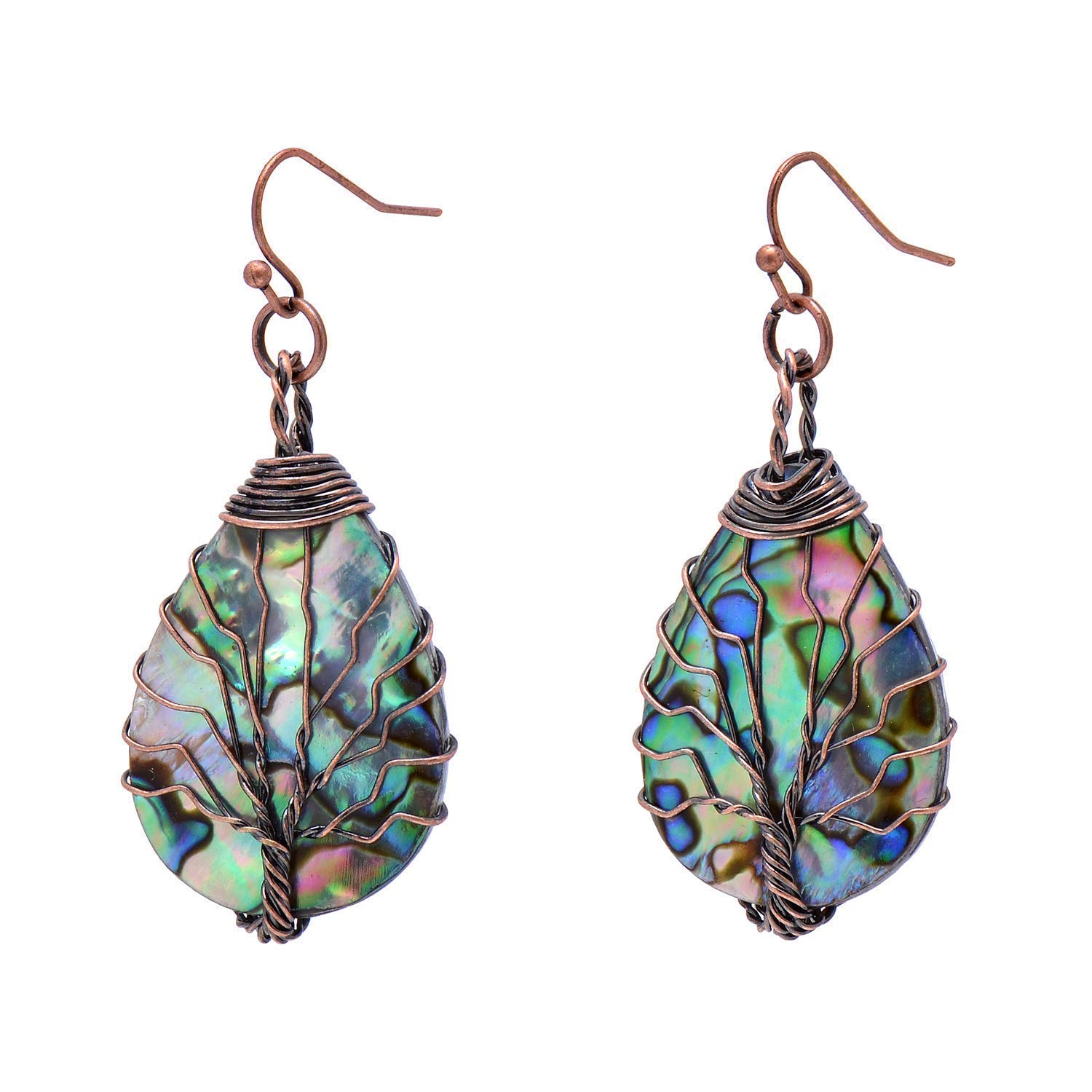 Joseph Brothers Tree of Life Hand Wrapped Sea Abalone Shell Earrings for Women, French Wire Antiqued Copper Copper hooks -Bronze -Drop shell