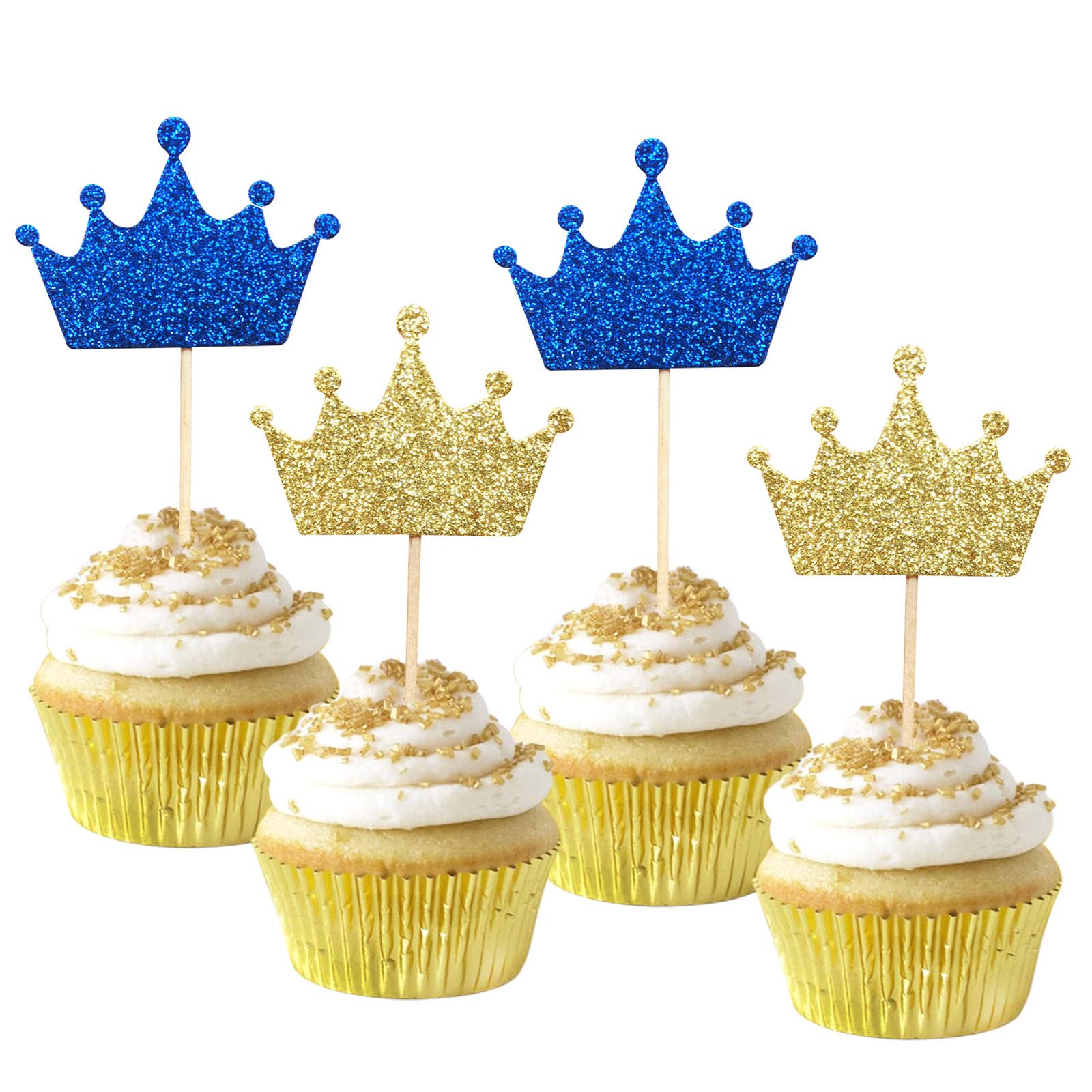 36-Pack Gold and Royal Blue Crown Cupcake Toppers Picks, Royal Baby Shower Birthday Party Decorations Supplies (blue)
