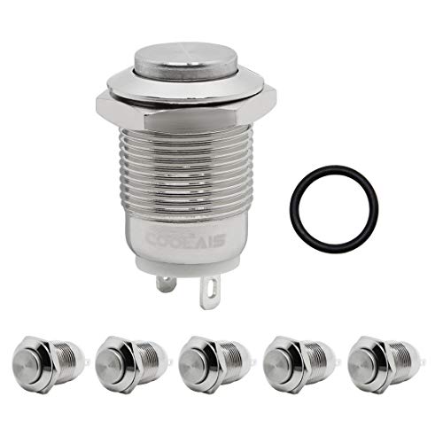 Coolais 5 Pcs Momentary Push Button Switch Metal Waterproof Push Button Start 12mm 3A 250V AC PBSM-02 (High Head)