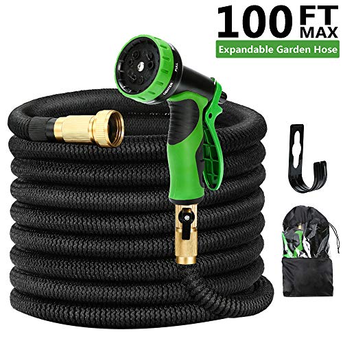 Book Cover Kugoplay 100 Feet Expandable Garden Hose - Pressure Expanding Water Hose with Leakproof Solid Brass Fittings, 9 Functions Flexible Expandable Hose with Double Latex Core Extra Strength Fabric
